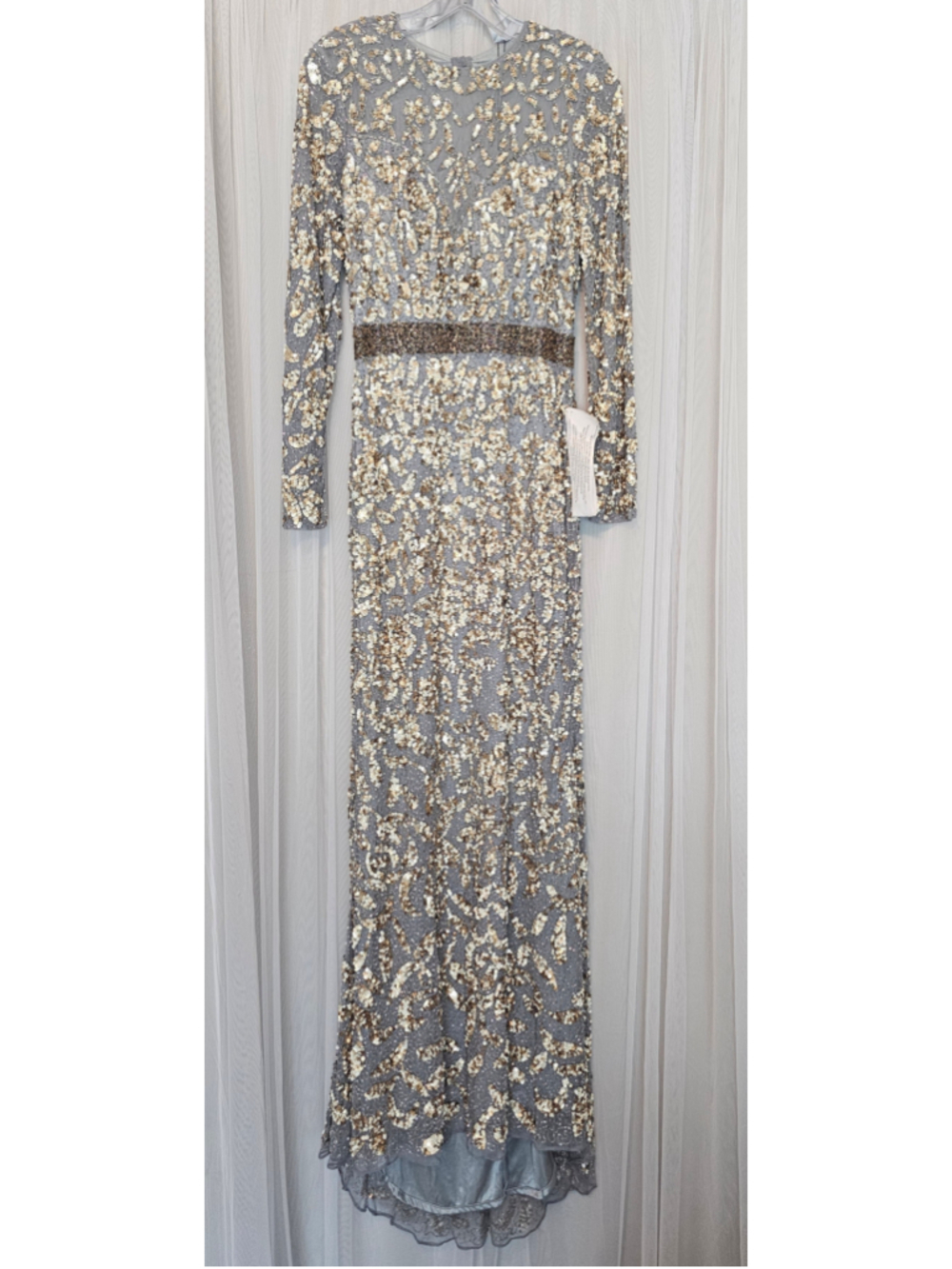 Women's Mac Duggal Sequin Embellished Long Sleeve Gown, French Blue, Size 6